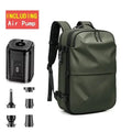 Men's waterproof casual backpack in green, includes electric air pump and nozzles, perfect for travel and 17in laptops.