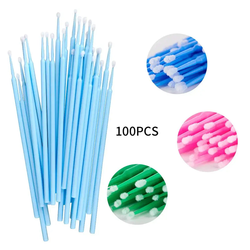 100PCS disposable makeup applicators in blue, pink, and green colors, perfect for precision cosmetic applications.