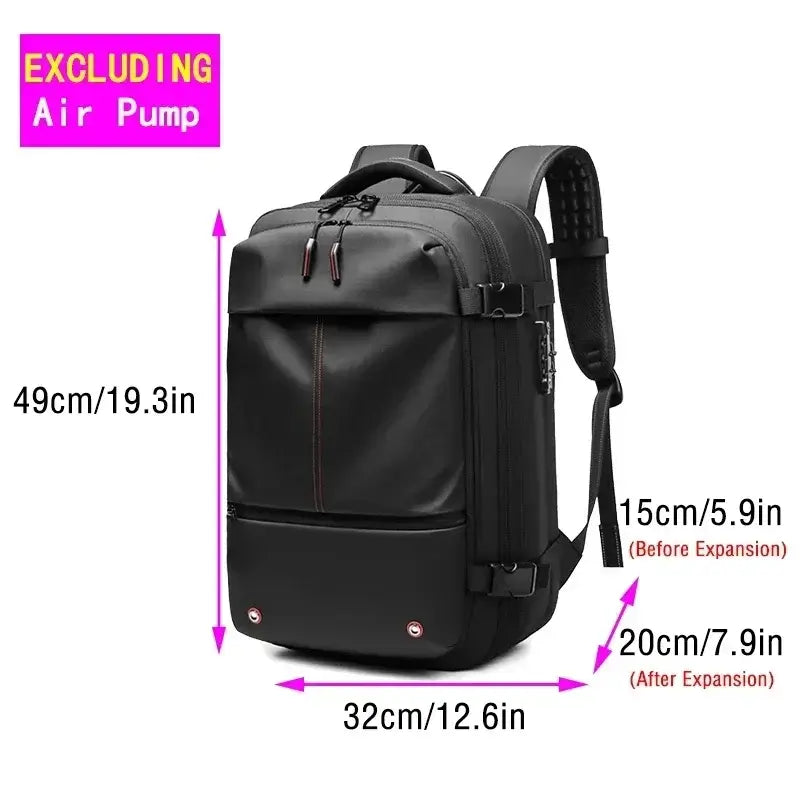 Men's waterproof casual backpack dimensions 49cm x 32cm, expandable for travel, excluding air pump.