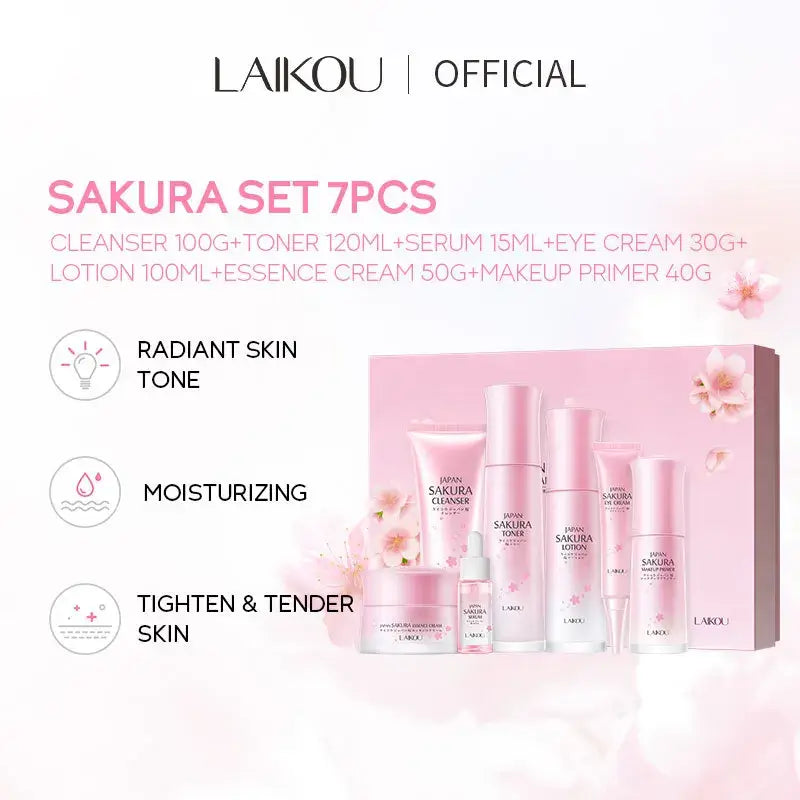 7pcs LAIKOU Cherry Blossoms Face Skin Care Repairing Anti-Aging Anti-Wrinkle Moisturizing Whitening Face Tonic Cream Gift Set