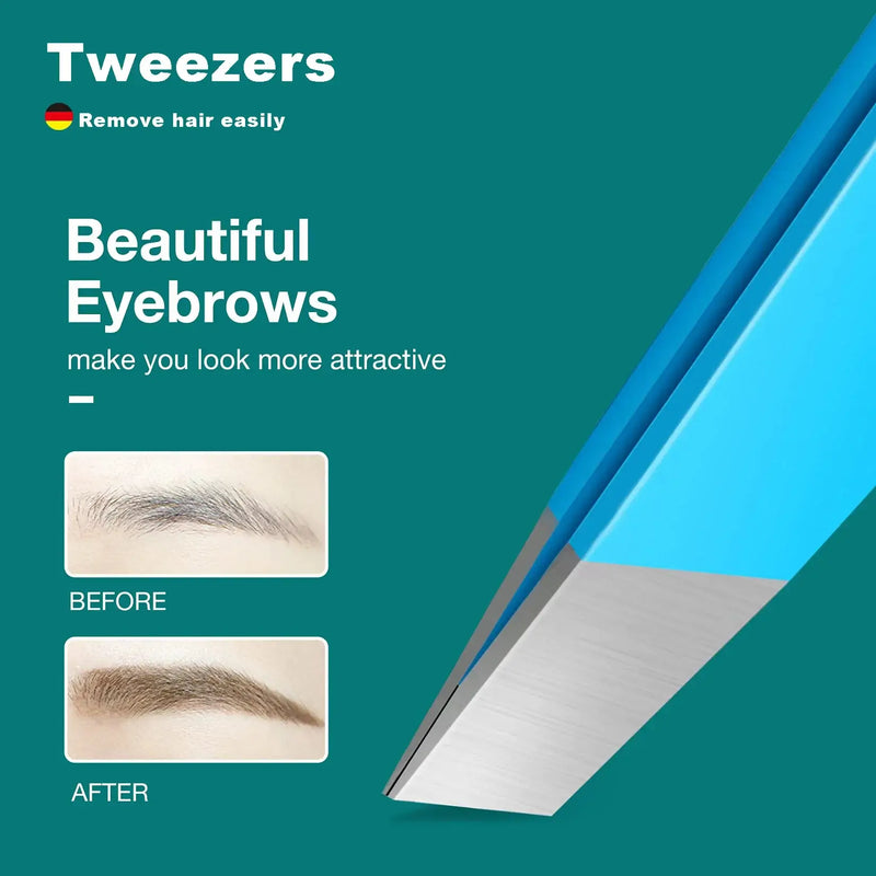 Colorful stainless steel eyebrow tweezers for precise hair removal, showcasing before and after results.