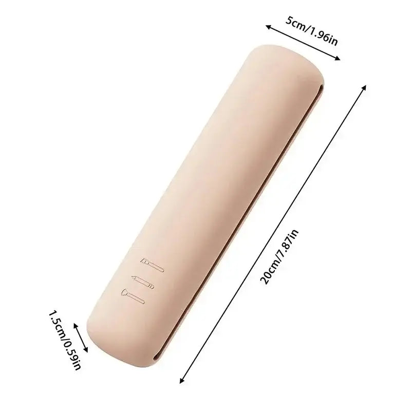 Portable silicone makeup brush holder, 20x5x1.5cm, ideal for travel, waterproof design in a sleek beige finish.