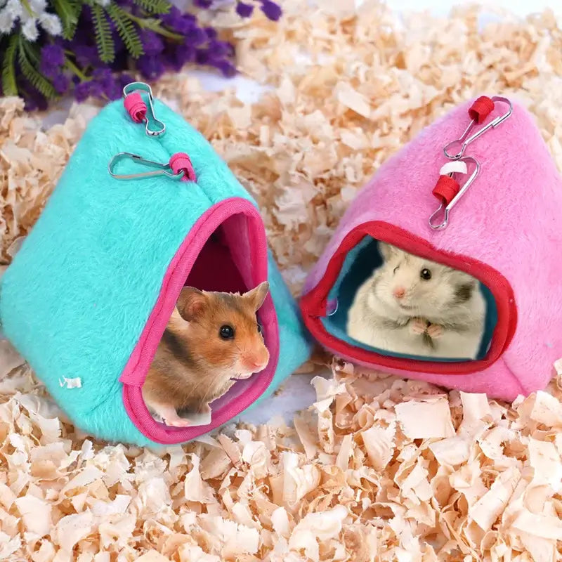 Colorful pet hamsters inside soft cotton nests, perfect for keeping small animals warm and comfortable.