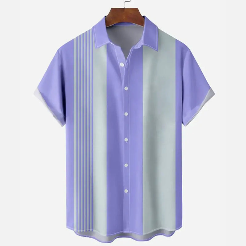 Casual men's short sleeve shirt in purple and gray with striped design, perfect for summer wear.