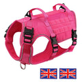 Pink tactical dog harness with handle, adjustable straps, for medium and large dogs, ideal for outdoor activities.