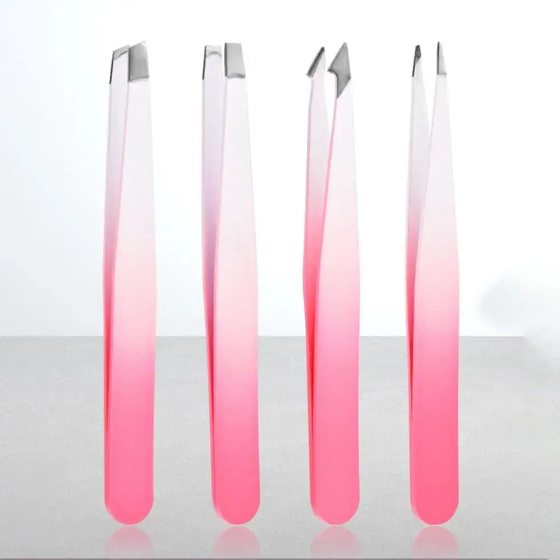 Four stainless steel eyebrow tweezers in pink gradient, featuring various tips for makeup and facial hair removal.