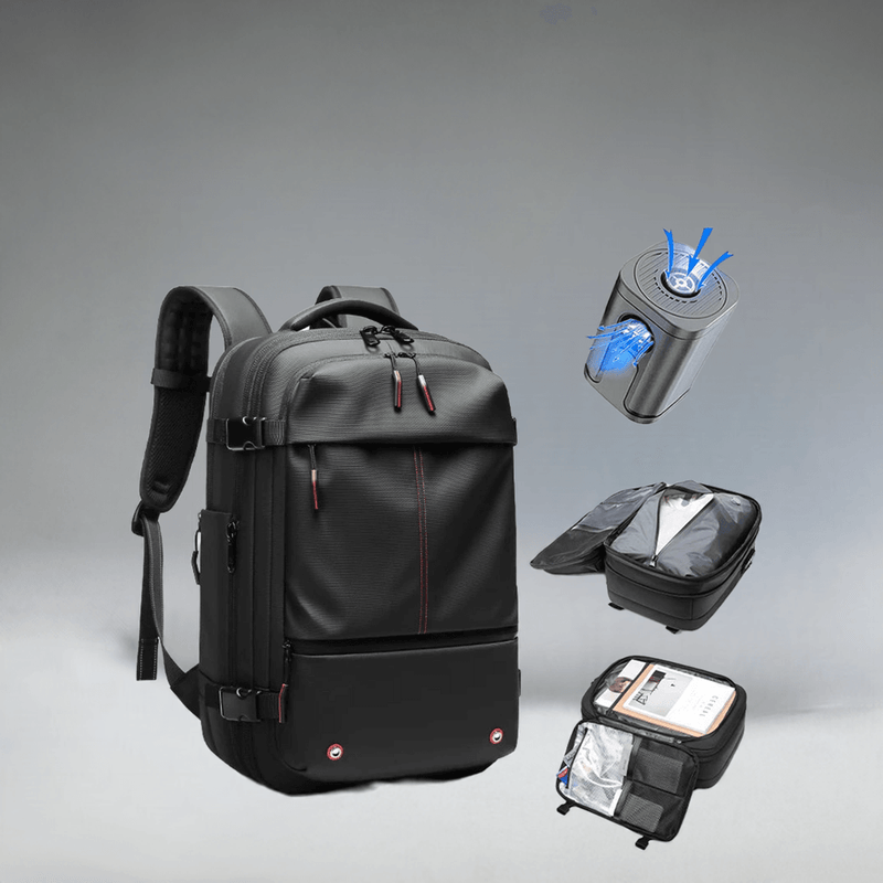 Large capacity men's travel backpack features vacuum compression and expandable compartments for business and outdoor use.