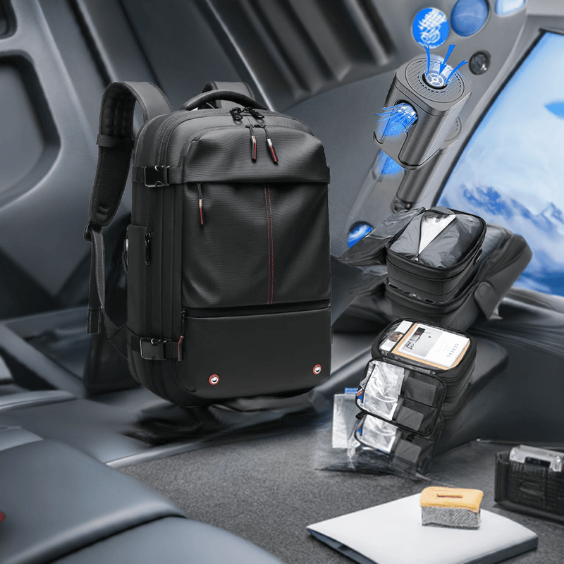 Large capacity men's travel backpack for 17" laptop, designed for business, school, and hiking, featuring vacuum compression.